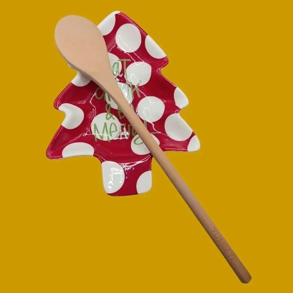 Stacy claire& christmas holy 2 spoon rest with wooden spoon red & wht - Picture 7 of 10